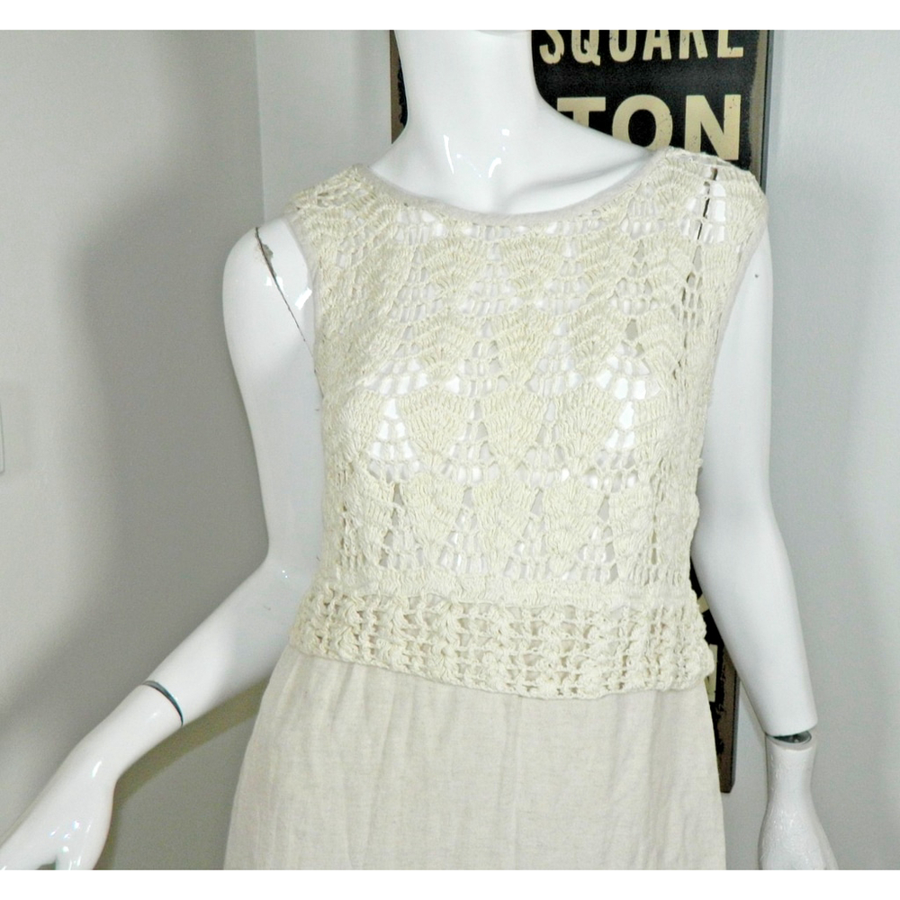 Jakelin Dress‎ Vintage Size Small Ivory Linen Crochet Midi - Picture 3 of 11